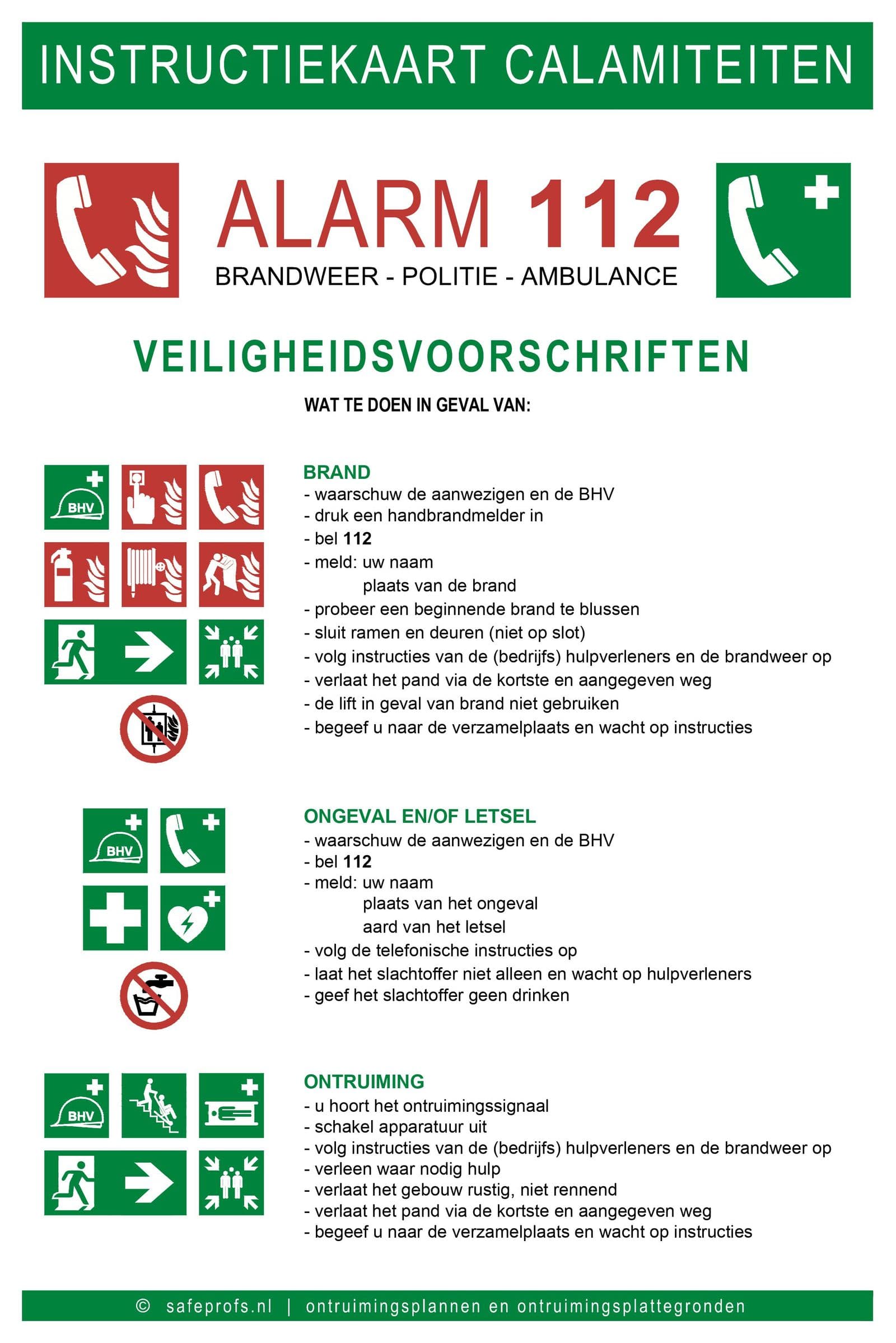Instructiebord calamiteiten van Safeprofs, met veiligheidsvoorschriften voor brand, ongeval en ontruiming